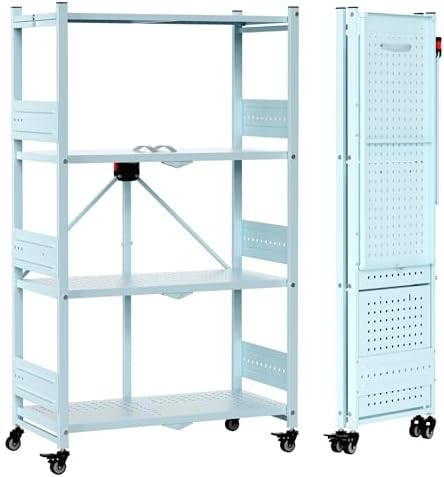 WORKPRO 4-Tier Folding Shelf, No-Assembly Metal Storage Rack with Wheels, 600 lbs Capacity (with Leveling Feet), Collapsible Shelving Unit for Kitchen, Pantry, Closet & Craft Shows - Blue by WORKPRO