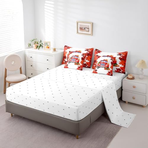 Autumn Harvest King Comforter Set,7 Pieces Soft Microfiber Red Maple Leaves Farmhouse Car Comforters with Fitted Sheet,Flat Sheet,Pillow Shams,and Pillowcases- Thanksgiving Pumpkin Bedding Sets - Image 4