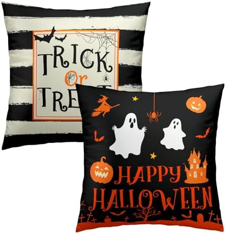 Happy Halloween Ghost Castle Pumpkin Throw Pillow Covers 18X18 Inches Set of 2 Trick or Treat Black and White Stripe Pillowcase Soft Cotton Square Cushion Covers for Home Sofa Bedroom Decoration - Image 2