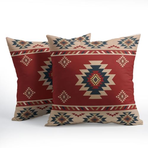 Sweetshow Red Aztec Southwest Pillow Covers Set of 2 Linen 20x20 Inches - Image 2