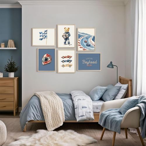 Nursery Race Car Wall Art Boys Room Canvas Wall Decor Vintage Nursery Prints Teddy Bear Poster Race Car Pictures Baby Boy Toddler Painting Artwork for Kids Bedroom Playroom 8x10 Inch Unframed 6Pcs - Image 4
