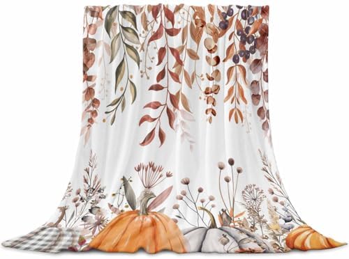 DecorLovee Orange Grey Fall Blanket 40"x50", Reversible Thanksgiving Throw Blanket for Couch/Bed/Camping, Botanical Farmhouse Lightweight Soft Throw Blankets for Girls, Warm Fuzzy Blankets for Winter by DecorLovee