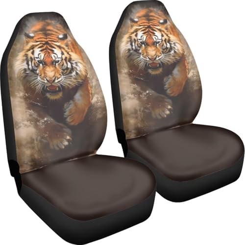 Tiger 2 Pcs/Set Car Seat Covers, 3D Vivid African Jungle Animal Car Seat Cover for Trucks Sedan SUV, Running Bengal Tiger Automotive Interior Protector Set