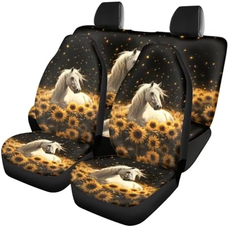 Horse & Sunflower Print Car Seat Covers 4Pcs Front & Rear Breathable Seat Covers Universal Fits for Truck, Sedan, SUV Auto Interior Protector Car Accessories