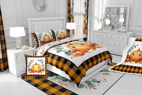 Erosebridal Fall Bedding Twin,Thanksgiving Pumpkin Comforter Set Green Eucalyptus Leaves Bed Sets Thanksgiving Autumn Leaf Duvet Insert 2 Pieces - Image 7