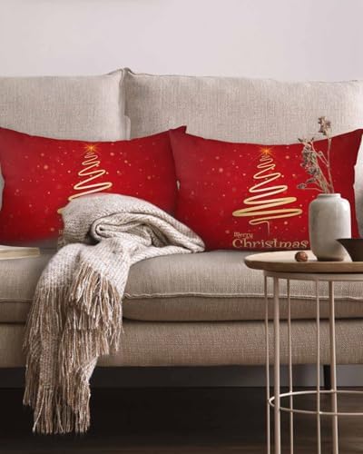 JasmineM Merry Christmas Tree Pillow Covers 12x20 Inch Set of 2, Christmas Decorations Red Gold Outdoor Throw Pillow Covers, Winter Holiday Square Pillowcases for Patio Sofa Couch Bedroom Decorative - Image 2