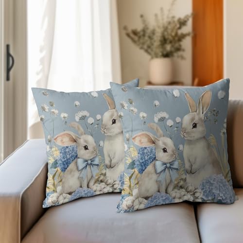 Easter Pillow Covers 18x18 Set of 2 Spring Throw Pillow Covers Rustic Cute Bunny Rabbit Pillowcase Linen Decoration Farmhouse Soft Decorative Blue Cushion Case Couch for Indoor Outdoor Home Decor - Image 3
