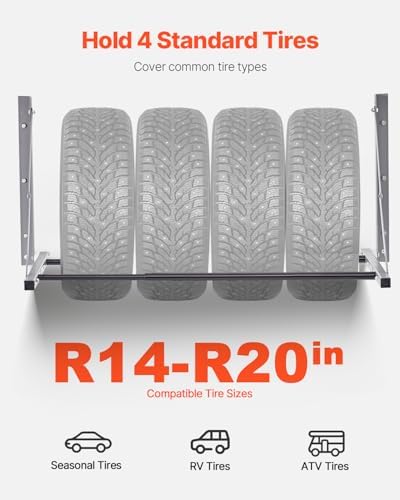 VEVOR Wall Mounted Folding Tire Rack, 32" - 48" Adjustable Tire Rack, Q235 Heavy-Duty Steel Tire Storage Rack for R14-R20 inch Standard Tires, Max 300lbs Load Capacity for Garage Workshop Repair Shop - Image 2