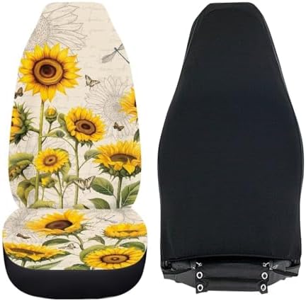 Sunflower Dragonfly Car Seat Covers Full Set of 2 Automobile Front Seat Covers Vehicle Accessories Carseat Seat Covers Cushion Pad Mat for SUV Trucks Chairs Vans Auto