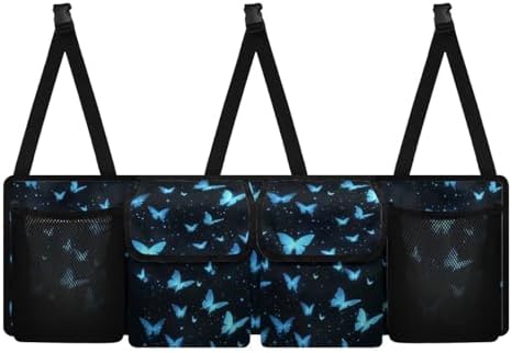 Blue Butterfly Print Car Trunk Organizer with 4 Pockets Hanging Car Backseat Storage Bag Detachable Car Storage Accessories for SUV Sedans Hatchback Crossover Minivan