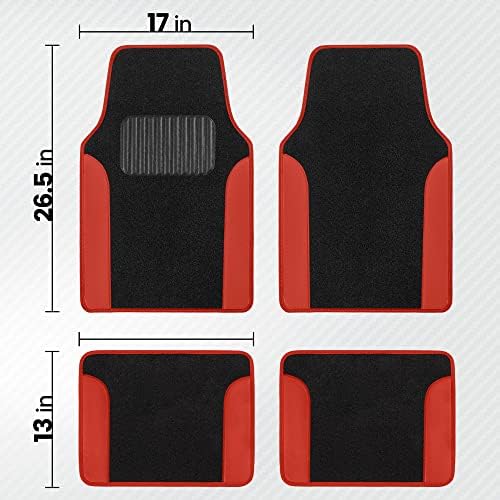 BDK Carpet Floor Mats for Cars, Two-Tone Carpet Car Mat with Faux Leather Accents, Automotive Floor Mat Sets with Built-in Heel Pad, Stylish Interior Car Accessories Red