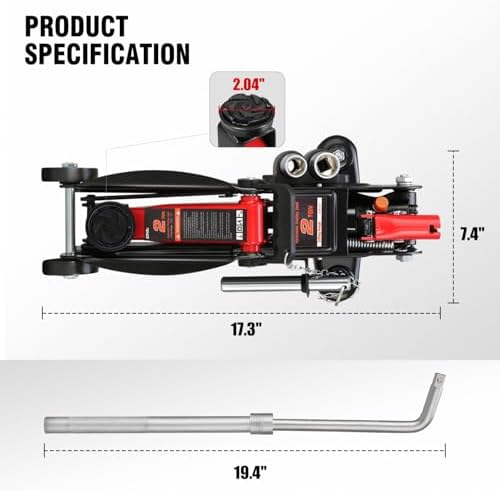 DNA Motoring Floor Jack with Socket and Lock, Low Profile Hydraulic Trolley Jack for Cars Lift, 2 Ton (4000 lbs) Capacity, Lifting Range 5.12"-13", Red, TOOLS-00677-RD - Image 4