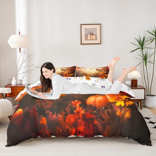Erosebridal Adult Autumn Harvest Bedding Set, Fall Pumpkin Duvet Cover Twin Size Happy Thanksgiving Comforter Cover for Kids Teens Women, Maple Leaves Rustic Quilt Cover with 1 Pillow Case - Image 3