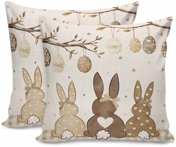 Easter Eggs Spring Bunny Tail Pillow Covers 18x18 inch Set of 2, Khaki Buffalo Plaid Decorations Outdoor Throw Pillow Covers, Cotton Linen Square Pillowcases for Sofa Couch Bedroom Patio Decorative by JasmineM