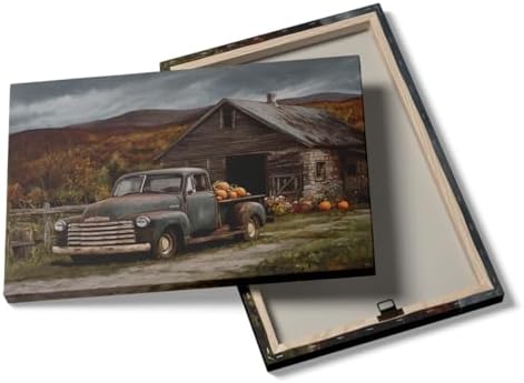 Vintage Truck with Pumpkins Wall Art – Rustic Fall Barn Landscape Canvas,Country Farmhouse Poster for Thanksgiving Entryway or Autumn Living Room Decor 11x14in Frame wall art - Image 2