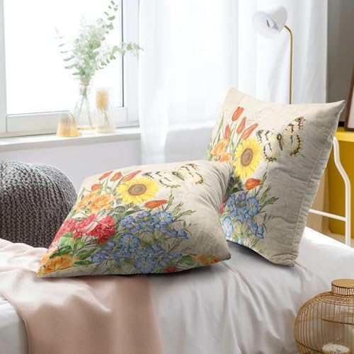 Sweetshow Spring Summer Colorful Floral Throw Pillow Covers 16X16 Inches Set of 2 Butterfly Flower Chinoiserie Pillowcase Soft Cotton Square Seasonal Cushion Covers for Living Room Sofa Bedroom Decor - Image 6