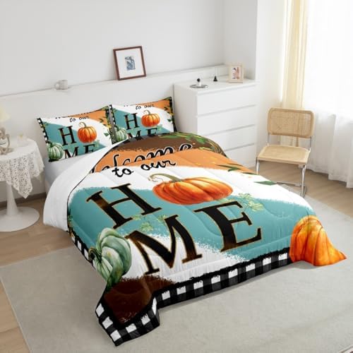 Homewish Fall Pumpkin Comforter Set Twin Size Rustic Farm Botanical Bedding Set 2pcs Kids Girls Women Boys Bedroom Decor Colorful Stripes Graffiti Quilt Set Black White Grid Duvet Insert,1 Pillowcase - Image 6