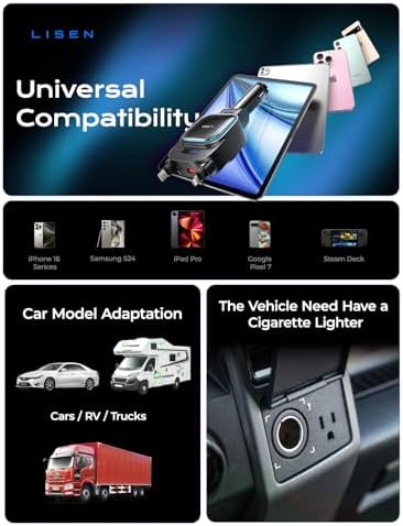 LISEN 96W 4 in 1 Retractable Car Charger with USB C & Lightning Cable for iPhone 17 Pro Max 16 15 14 13 12, Samsung Galaxy S25 S24, Android - Fast Charging Cigarette Lighter Adapter