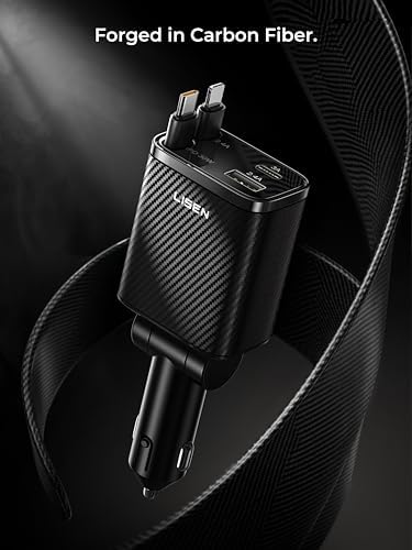 LISEN Retractable Car Charger, 84W Car Charger USB C Fast Charger Adapter, Car Accessories for Men Women, Gifts for Fathers Day for Men Dad Husband, for iPhone 17 16 15 14 13 12 Pro Max, Carbon-Black