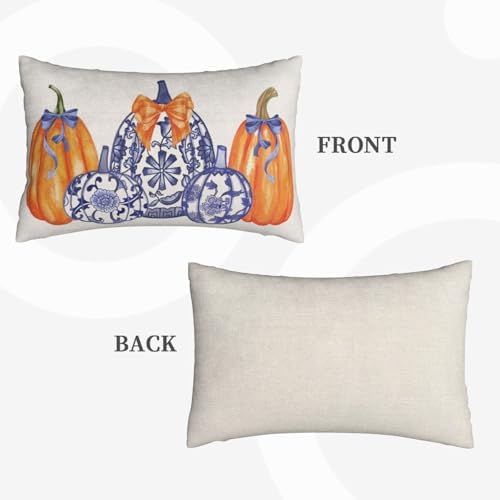 Fall Chinoiserie Pillow Covers 12x20 Set of 2 Blue and Orange Pumpkin Throw Pillows Grandmillennial Autumn Thanksgiving Decoration Pillowcase Outdoor Lumbar Cushion Case for Couch Home Decor - Image 2