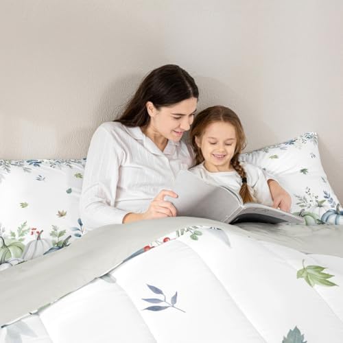 Erosebridal Pumpkins Eucalyptus Leaves Comforter Set for Kids Boys Girls Blue Pumpkins Fall Decor Bedding Autumn Fall Duvet Set Thanksgiving Farmhouse Comforter Twin with 1 Pillowcase - Image 6