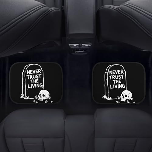 Tombstone Skull Car 4 Piece Floor Mat Set Halloween Skull Gravestone Universal Fit All Models Heel Pad Never Trust The Living Fit Car Floor Front and Rear 2 Rows Set