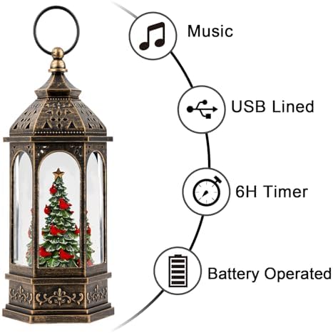 Christmas Snow Globe Lantern Water Glittering Christmas Tree with Cardinal, USB Lined/Battery Operated Lighted Lantern for Christmas Festival Decoration Gifts - Image 4