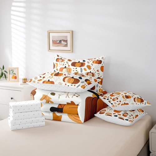 Erosebridal 7 Piece Fall Bed in A Bag for Kids,Cartoon Pumpkin King Bedding Set with Sheet Set Autumn Botanical Maple Leaves Comforter Set Thanksgiving Day Harvest Bed Set Room Decor - Image 6