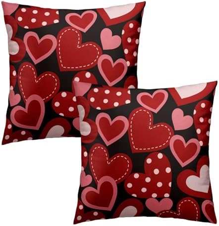 Valentine's Day Throw Pillow Covers 12X12 Inches Set of 2 Red Heart Black Pillowcase Soft Cotton Square Cushion Covers for Anniversary Wedding Home Sofa Bedroom Decoration - Image 2