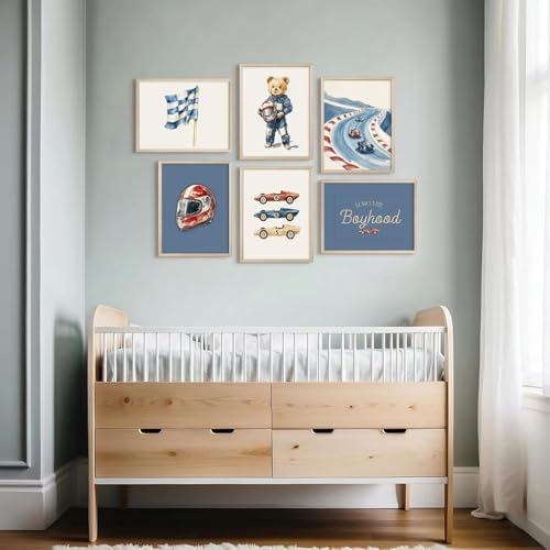 Nursery Race Car Wall Art Boys Room Canvas Wall Decor Vintage Nursery Prints Teddy Bear Poster Race Car Pictures Baby Boy Toddler Painting Artwork for Kids Bedroom Playroom 8x10 Inch Unframed 6Pcs - Image 7