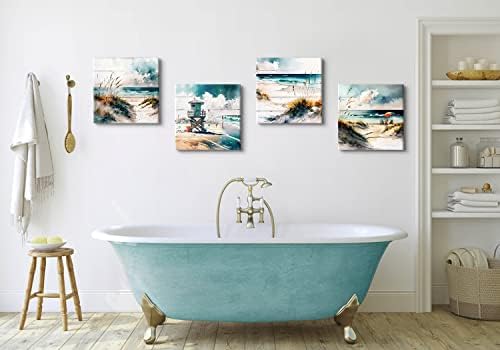 Teal Blue Beach Scenery Wall Art Vintage Beach Wall Decor for Bathroom Bedroom Ocean Pictures Watercolor Coastal Painting Nature Seascape Canvas Modern Artwork Living Room Home Decorations 16x16" 4Pcs - Image 5