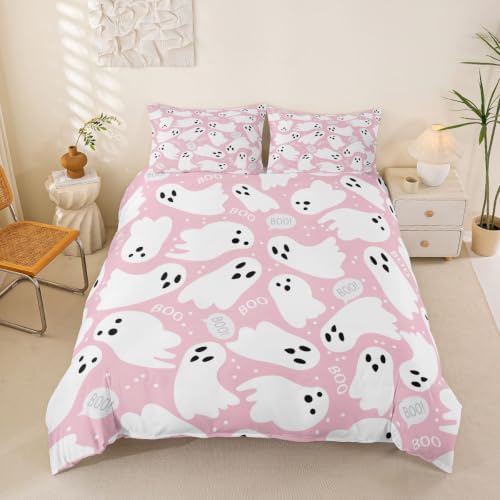 Feelyou Pink Halloween Duvet Cover King Size Cartoon Pink Ghost Bedding Set for Kids Boys Girls Kawaii Cute Comforter Cover Set Microfiber Bedspread Cover Bedroom Bedclothes by Feelyou