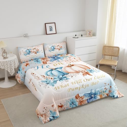 Erosebridal Pumpkins Eucalyptus Leaves Kids Bedding | Fall Full Comforter Sets,Autumn Thanksgiving Comforter Blue Pumpkin Decor Duvet Insert with 2 Pillow Cases - Image 3
