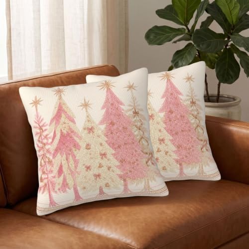 Pink Christmas Pillow Covers 24x24 Set of 2, Rose Gold Xmas Tree Print - Image 3