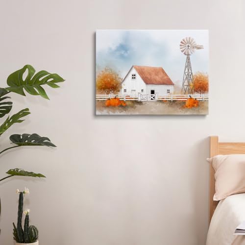 White Barn with Pumpkins Wall Art – Autumn Farmhouse Landscape Poster,Rustic Fall Windmill Canvas Print for Entryway or Thanksgiving Dining Room Decor 12x16in Frame wall art - Image 5