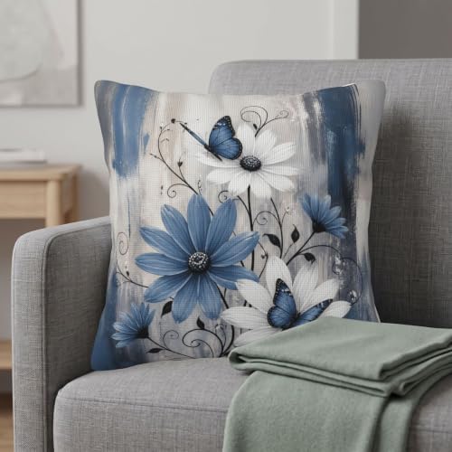 Summer Blue Grey Floral Butterfly Throw Pillow Covers 16x16 Set of 2 - Image 2