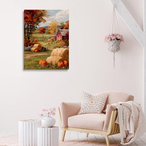 Autumn Farmhouse Wall Art – Rustic Red Barn Landscape with Pumpkins, Fall Harvest Canvas Print for Country Living Room or Seasonal Decor Display 20x30in Large Frame wall art - Image 6