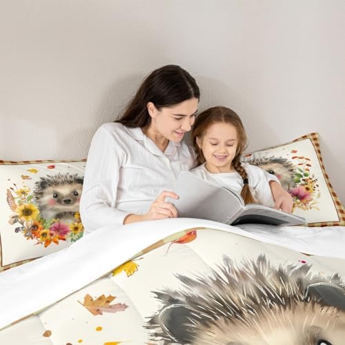 Homewish Fall Pumpkin Plaid Bedding Set Full Size,Cute Hedgehog Sunflower Comforter 3pcs for Kids Girls Adults Room Decor,Rustic Farmhouse Style Quilted Duvet Halloween Plants Bedspread,Yellow Fall06 - Image 2