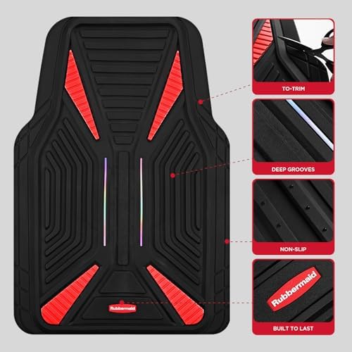 Rubbermaid Car Mat Full Set, Universal Trim-to-Fit Heavy-Duty Car Floor Mats – 4-Piece Set for All Weather Protection – Durable Rubber Mat for Cars, Trucks, SUVs & Vans-Red