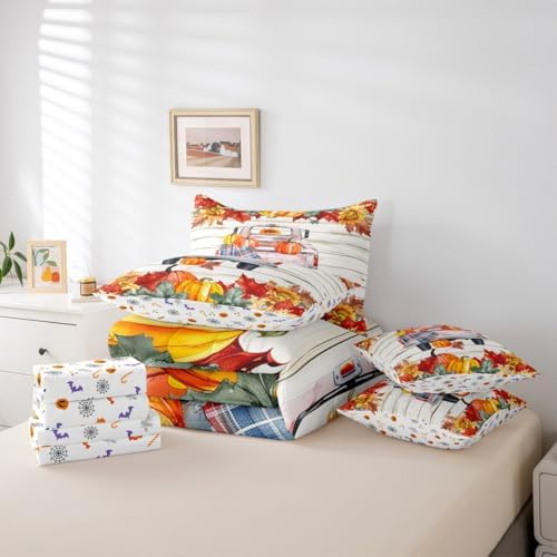 Farm Truck Car Twin Bed in a Bag Thanksgiving Pumpkin Fall Leaves Comforter Set with Sheets 7-Pieces All Season Autumn Harvest Farmhouse Bedding Sets with Flat Sheet,Fitted Sheet and Pillowcase - Image 5