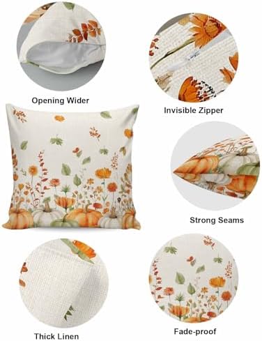 Fall Green Orange Pumpkin Pillow Covers 16x16 Inch Set of 2, Thanksgiving Autumn Wildflowers Decorations Indoor Outdoor Throw Pillows, Orange Blue Linen Pillowcases for Patio Sofa Couch Bedroom - Image 5