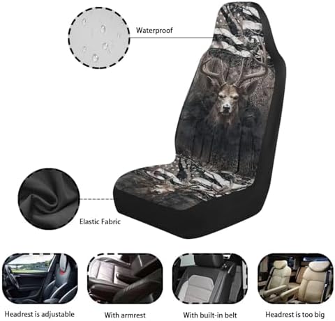 Car Seat Covers 2 Pcs, Waterproof Universal Camo American Flag Deer Hunter Front Seat Protector, Easy Installation Car Interior Accessories Universal for Cars Truck SUV Van