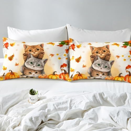 Erosebridal Kids Cute Cats Fitted Sheet Set Full Fall Pumpkin Maple Leaf Bed Sheets for Girls Boys,Autumn Thanksgiving Bedding Sets,Happy Fall Decorations Flat Sheet for Home 2 Pillow Cases - Image 5