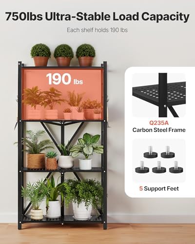 VEVOR 4-Tier Foldable Storage Shelf, 28W x 13D x 54H Inch Folding Metal Rack Shelving Unit, No Assembly Organizer Shelf with 5 Wheels & 4 Hooks for Pantry, Kitchen, Garage, Basement, Black - Image 5