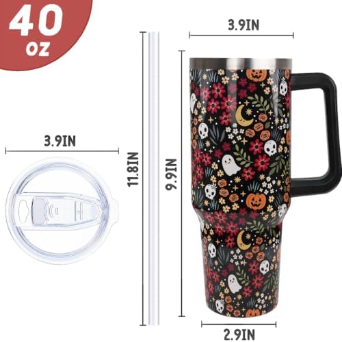 Halloween Tumbler with Handle 40oz Fall Cute Ghost Skull Flowers Coffee Travel Mug Stainless Steel Insulated Cups Halloween Fall Aesthetics Decor Gifts - Image 3