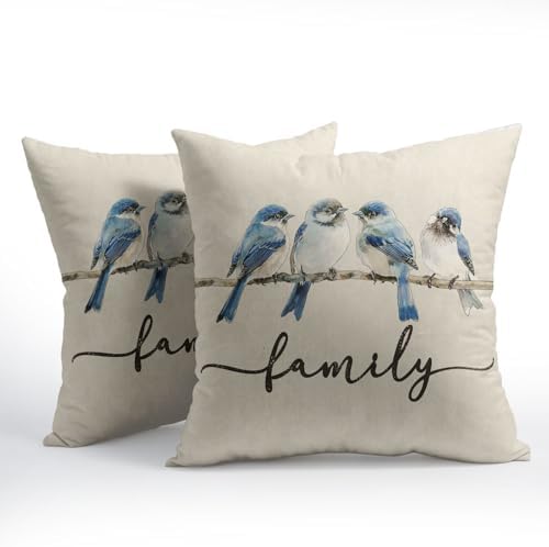 Sweet Home Blue Bird Family Pillow Covers 22x22 Inches Watercolor Throw Pillow Case Set of 2 Spring Summer Pillows Cotton Linen Cushion Cover for Home Couch Sofa Livingroom - Image 2