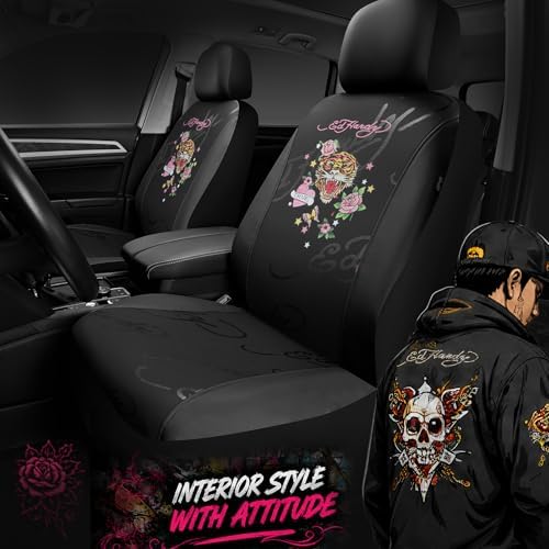 ED HARDY Tiger Print Car Seat Covers, Black Premium Leather Front Seat Covers, Universal Fit Automotive Covers for Most Cars, Trucks & SUVs, Airbag Compatible, Waterproof, Scratch Resistant