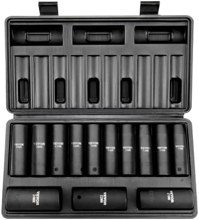 VEVOR 1/2" Drive Impact Socket Set, 13 Piece Deep Socket Set Metric 10-24mm, 6 Point CR-V Alloy Steel for Auto Repair, Easy-to-Read Size Markings, Rugged Construction, Includes Storage Case by VEVOR