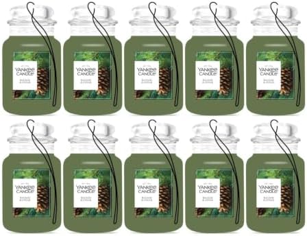 Yankee Candle Paper Car Jar Air Freshener, Hanging Car Freshener, Long Lasting Car Fragrance, Balsam & Cedar (Pack of 10)