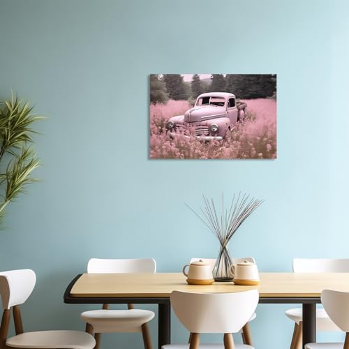 QIXIANG Farmhouse Truck Wall Art for Bedroom Decor Pink Truck and Flowers Picture Prints on Canvas for Bathroom Home with Framed (24.00" x 36.00", Pink) - Image 4